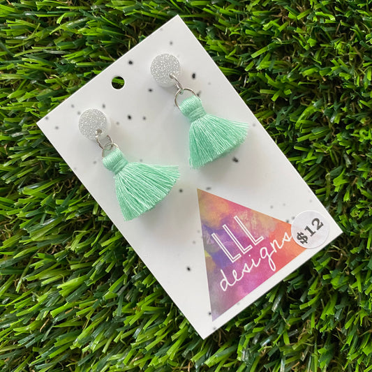 Mini Tassel Earrings - Mini Pastel Mint Tassels with Glitter Silver Tops!