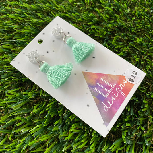 Mini Tassel Earrings - Mini Pastel Mint Tassels with Glitter Silver Tops!