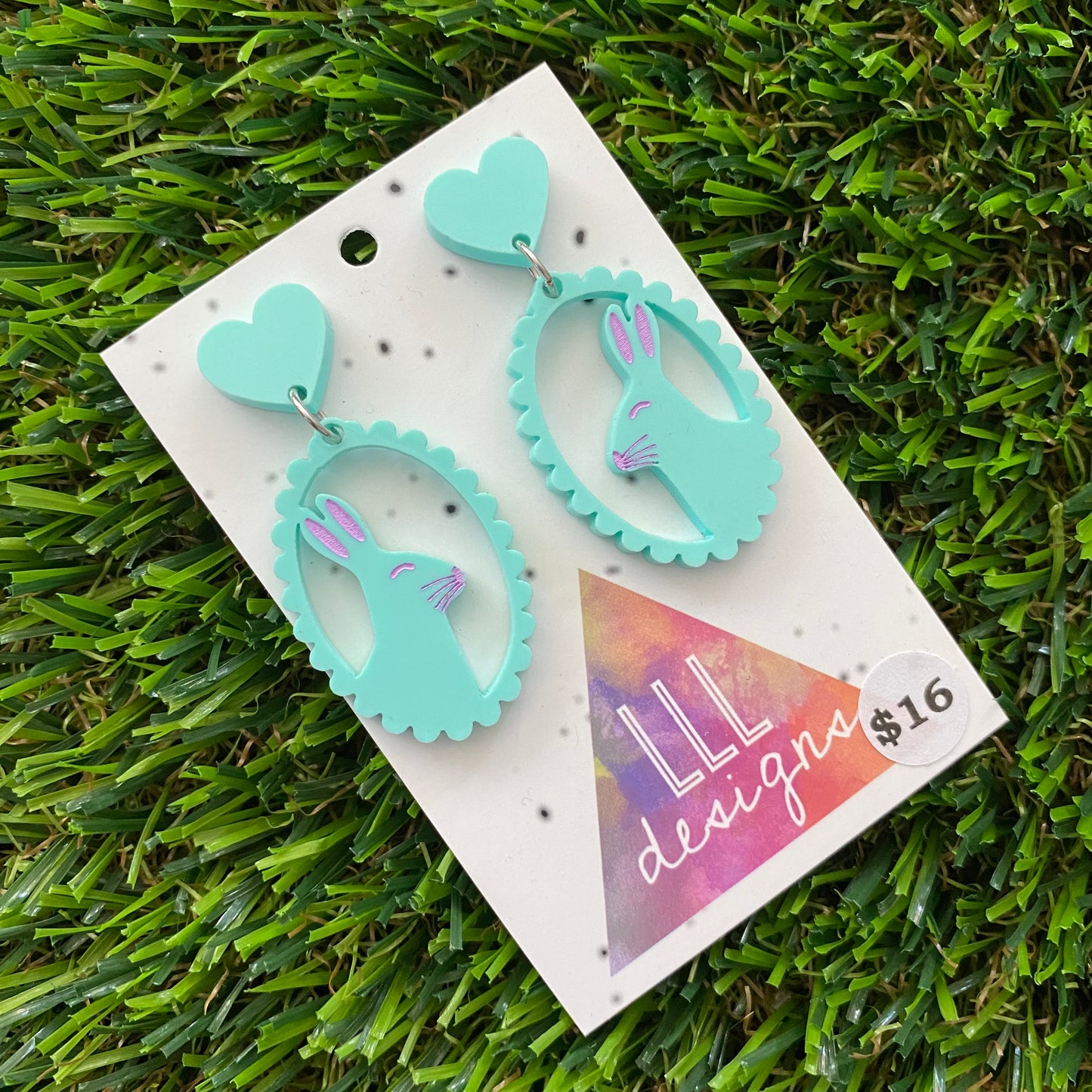 Easter Earrings - Mint Easter Bunny Cameo with Pink Hand Painted Detailing and Mint Heart Tops!