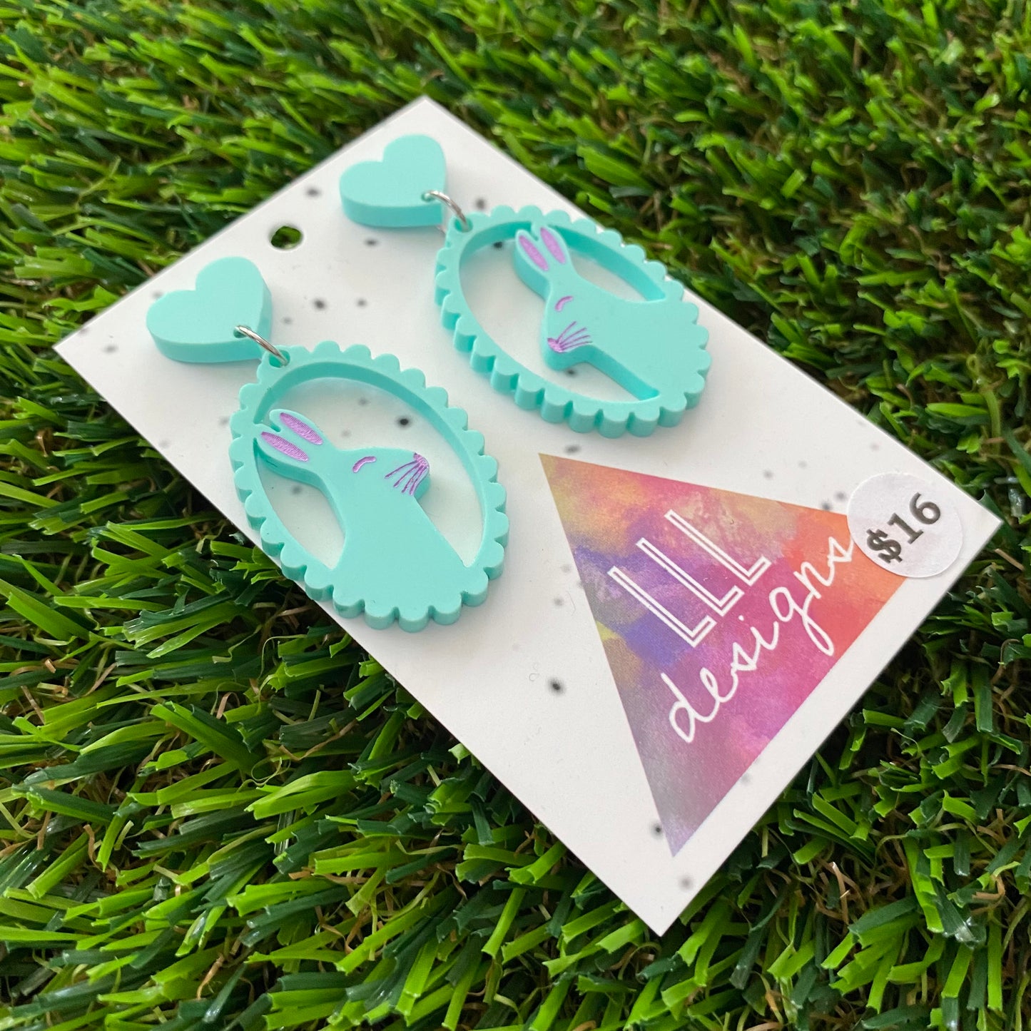 Easter Earrings - Mint Easter Bunny Cameo with Pink Hand Painted Detailing and Mint Heart Tops!