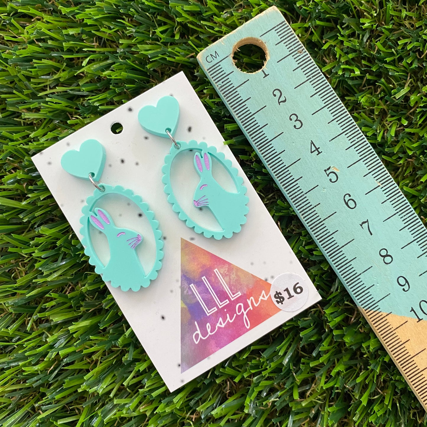 Easter Earrings - Mint Easter Bunny Cameo with Pink Hand Painted Detailing and Mint Heart Tops!