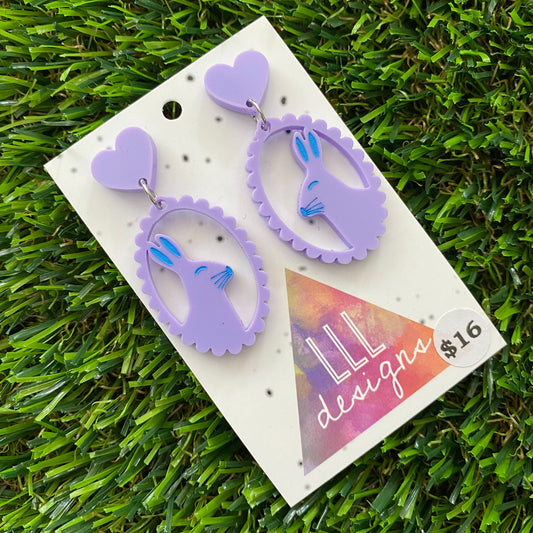 Easter Earrings - Pastel Purple Easter Bunny Cameo with Blue Hand Painted Detailing and Pastel Purple Heart Tops!