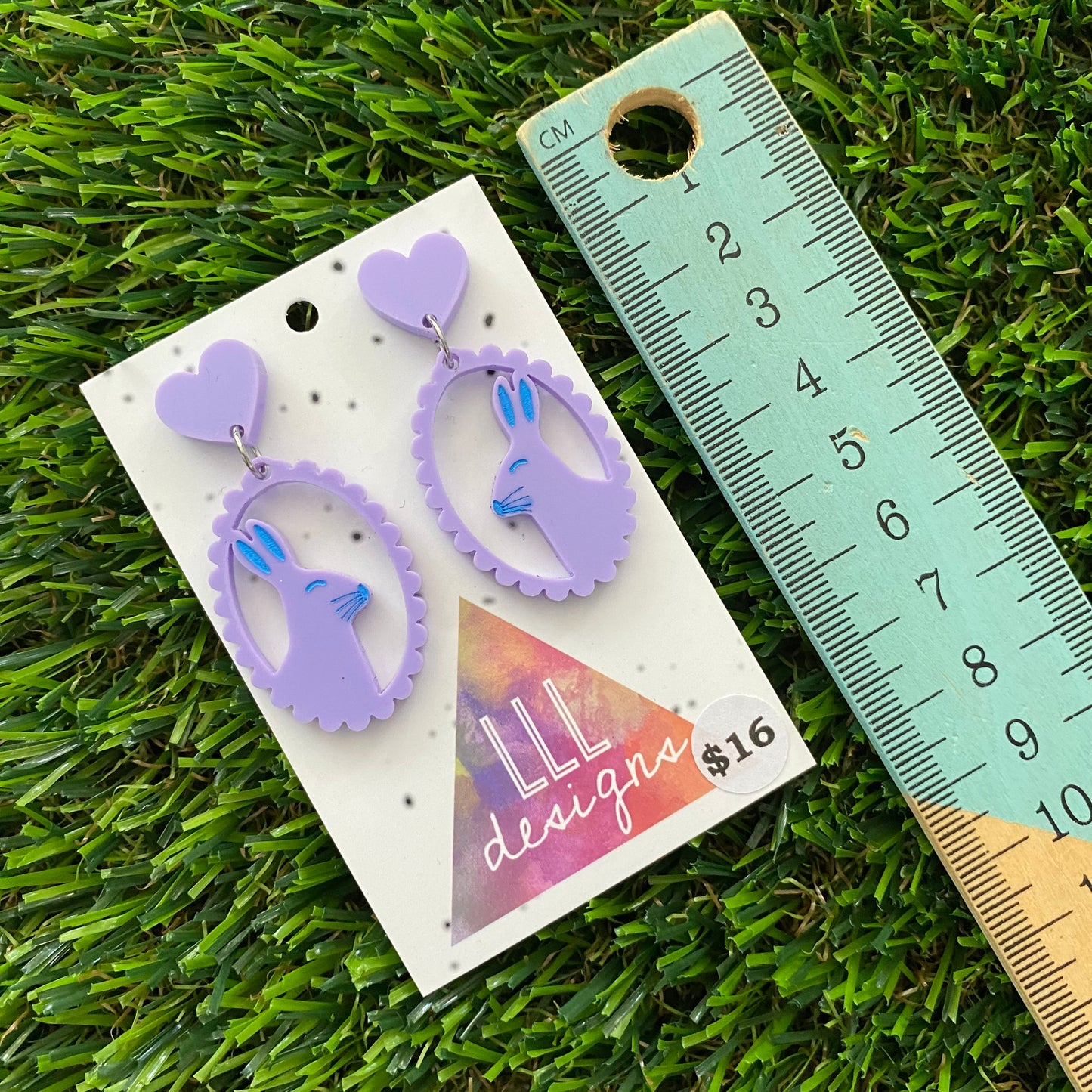 Easter Earrings - Pastel Purple Easter Bunny Cameo with Blue Hand Painted Detailing and Pastel Purple Heart Tops!