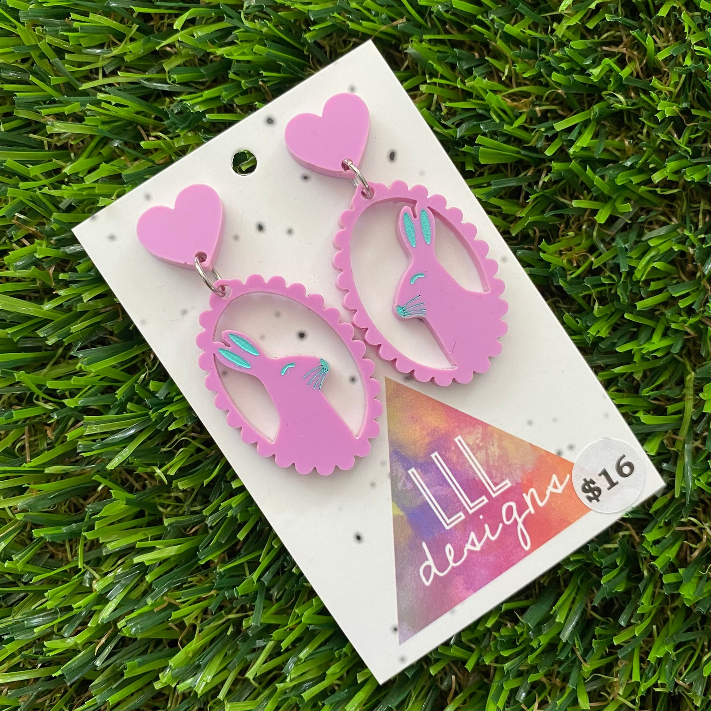 Easter Earrings - Pastel Pink Easter Bunny Cameo with Mint Hand Painted Detailing and Pastel Pink Heart Tops!