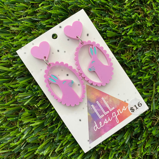 Easter Earrings - Pastel Pink Easter Bunny Cameo with Mint Hand Painted Detailing and Pastel Pink Heart Tops!
