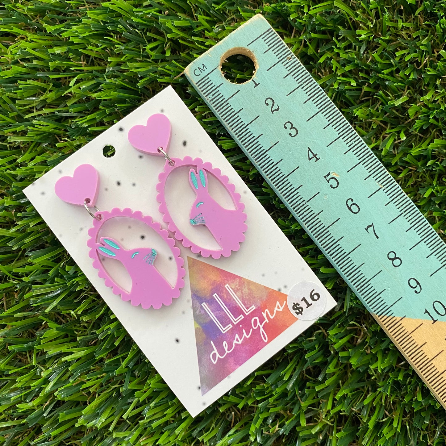 Easter Earrings - Pastel Pink Easter Bunny Cameo with Mint Hand Painted Detailing and Pastel Pink Heart Tops!