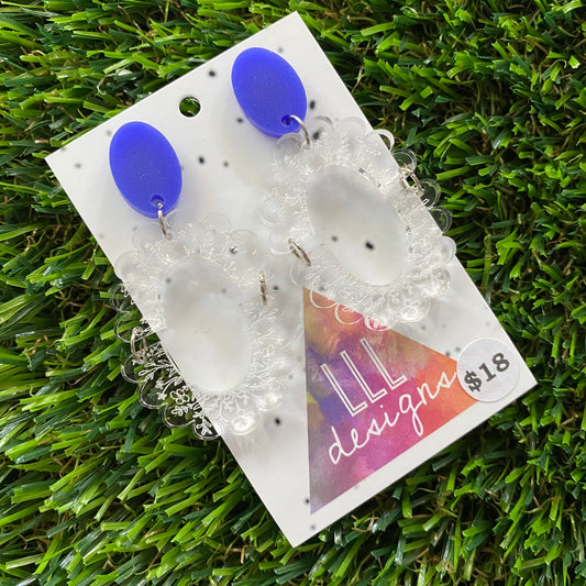 Floral Earrings - Intricate Clear Floral Lace Scalloped Oval Dangles with Royal Blue Tops!