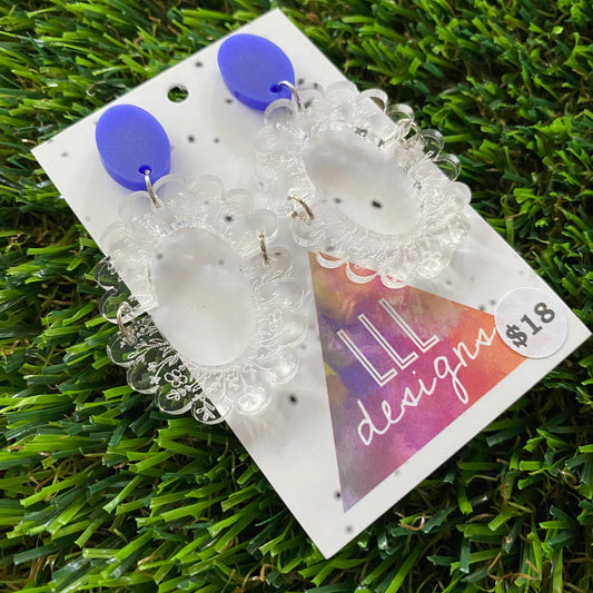 Floral Earrings - Intricate Clear Floral Lace Scalloped Oval Dangles with Royal Blue Tops!