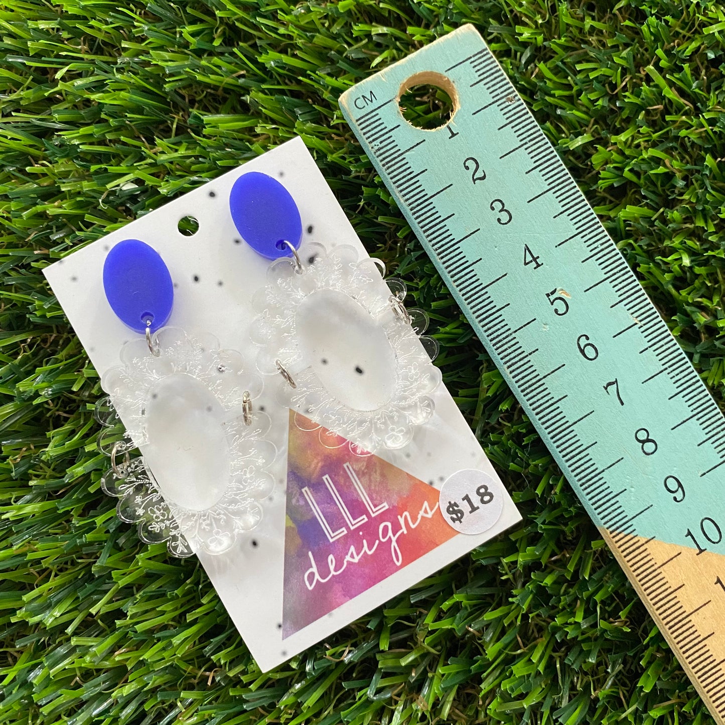 Floral Earrings - Intricate Clear Floral Lace Scalloped Oval Dangles with Royal Blue Tops!