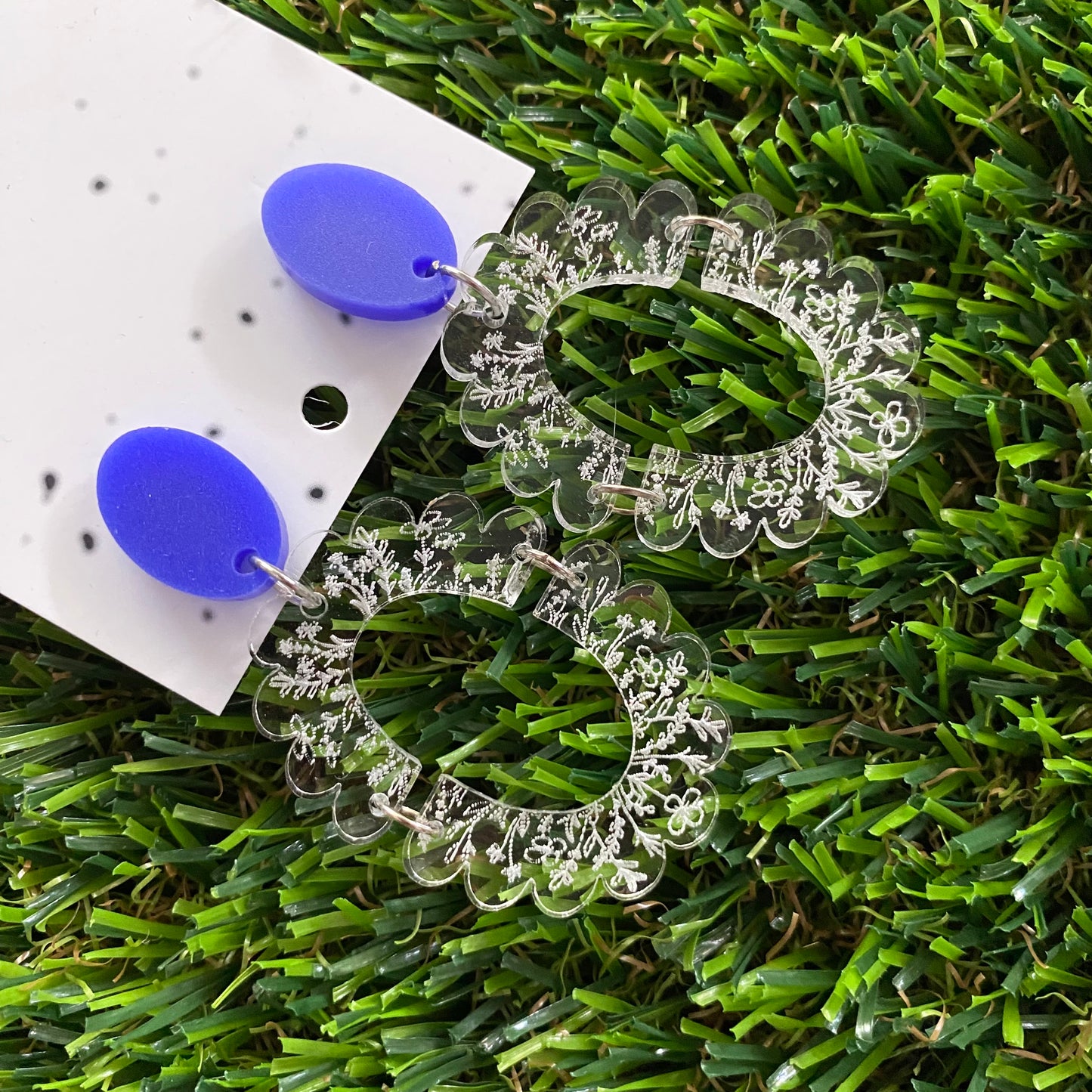 Floral Earrings - Intricate Clear Floral Lace Scalloped Oval Dangles with Royal Blue Tops!