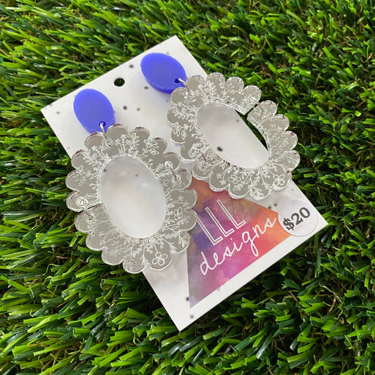 Floral Earrings - Intricate Mirror Floral Lace Scalloped Oval Dangles with Royal Blue Tops!