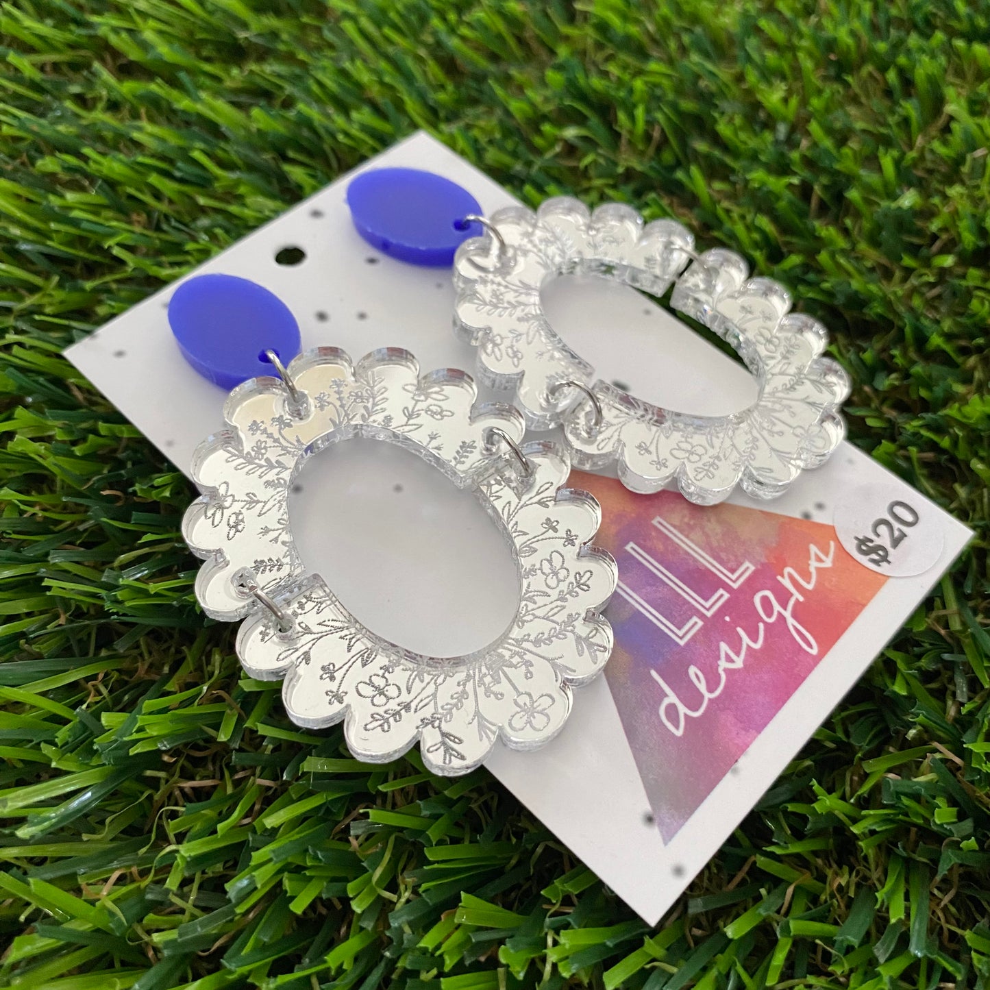 Floral Earrings - Intricate Mirror Floral Lace Scalloped Oval Dangles with Royal Blue Tops!