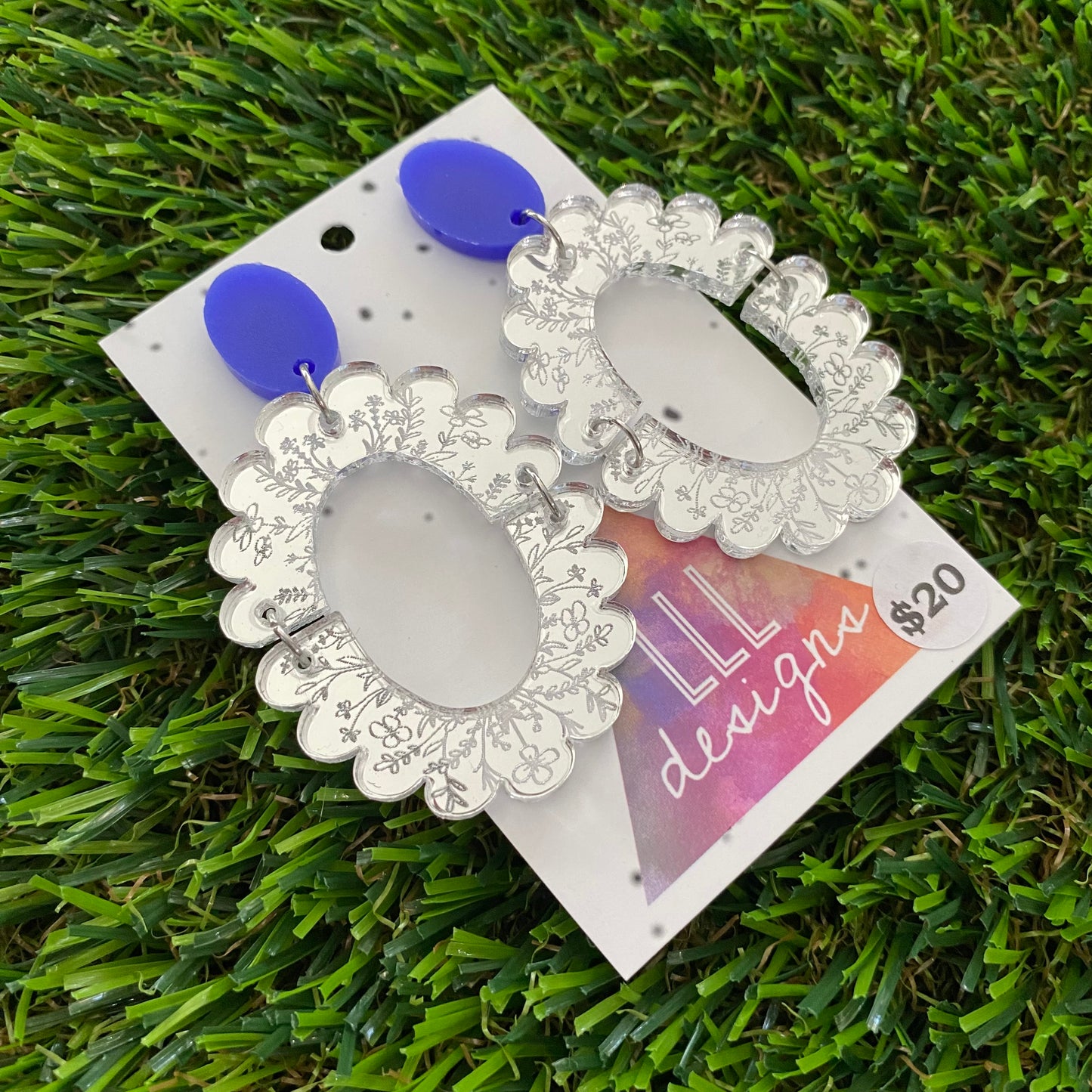 Floral Earrings - Intricate Mirror Floral Lace Scalloped Oval Dangles with Royal Blue Tops!