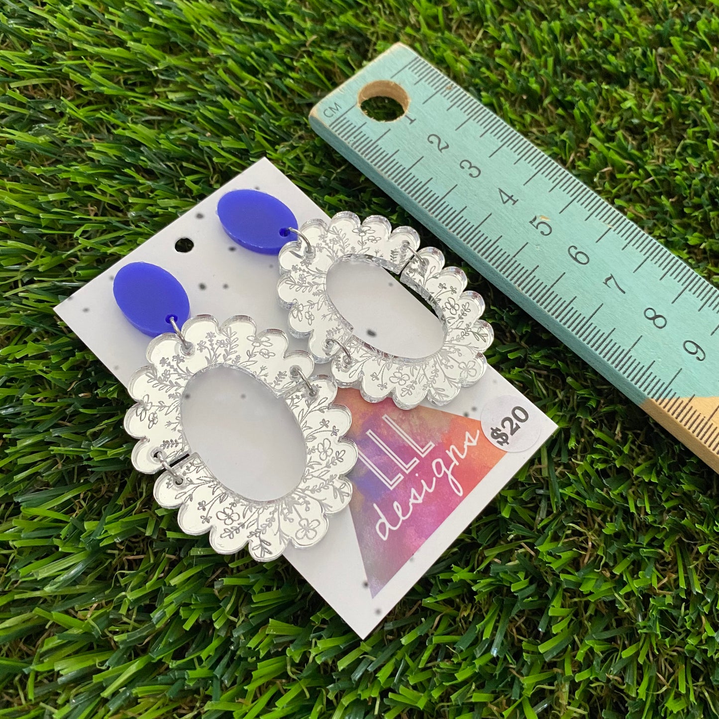 Floral Earrings - Intricate Mirror Floral Lace Scalloped Oval Dangles with Royal Blue Tops!