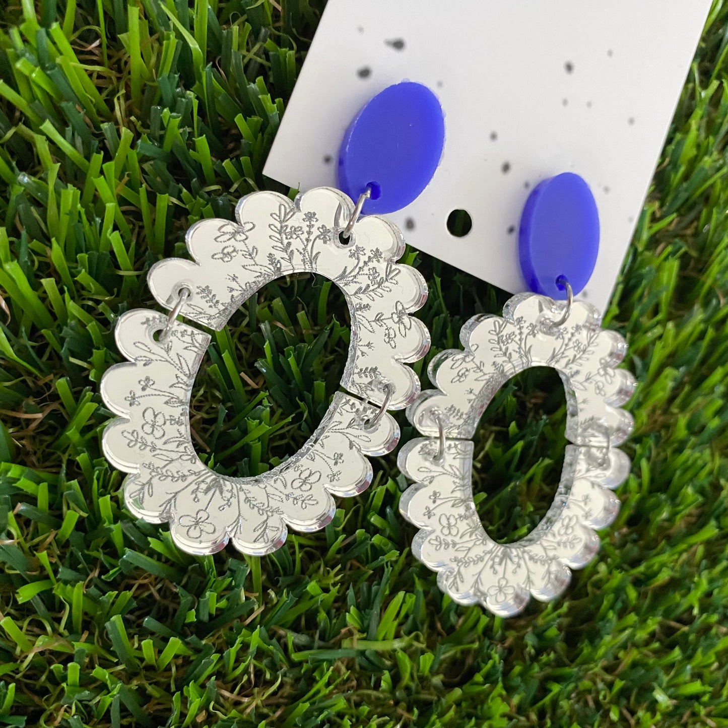 Floral Earrings - Intricate Mirror Floral Lace Scalloped Oval Dangles with Royal Blue Tops!