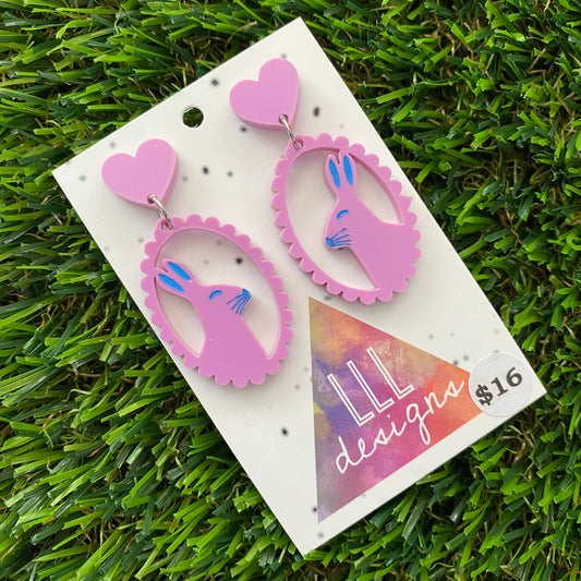 Easter Earrings - Pastel Pink Easter Bunny Cameo with Royal Blue Hand Painted Detailing and Pastel Pink Heart Tops!