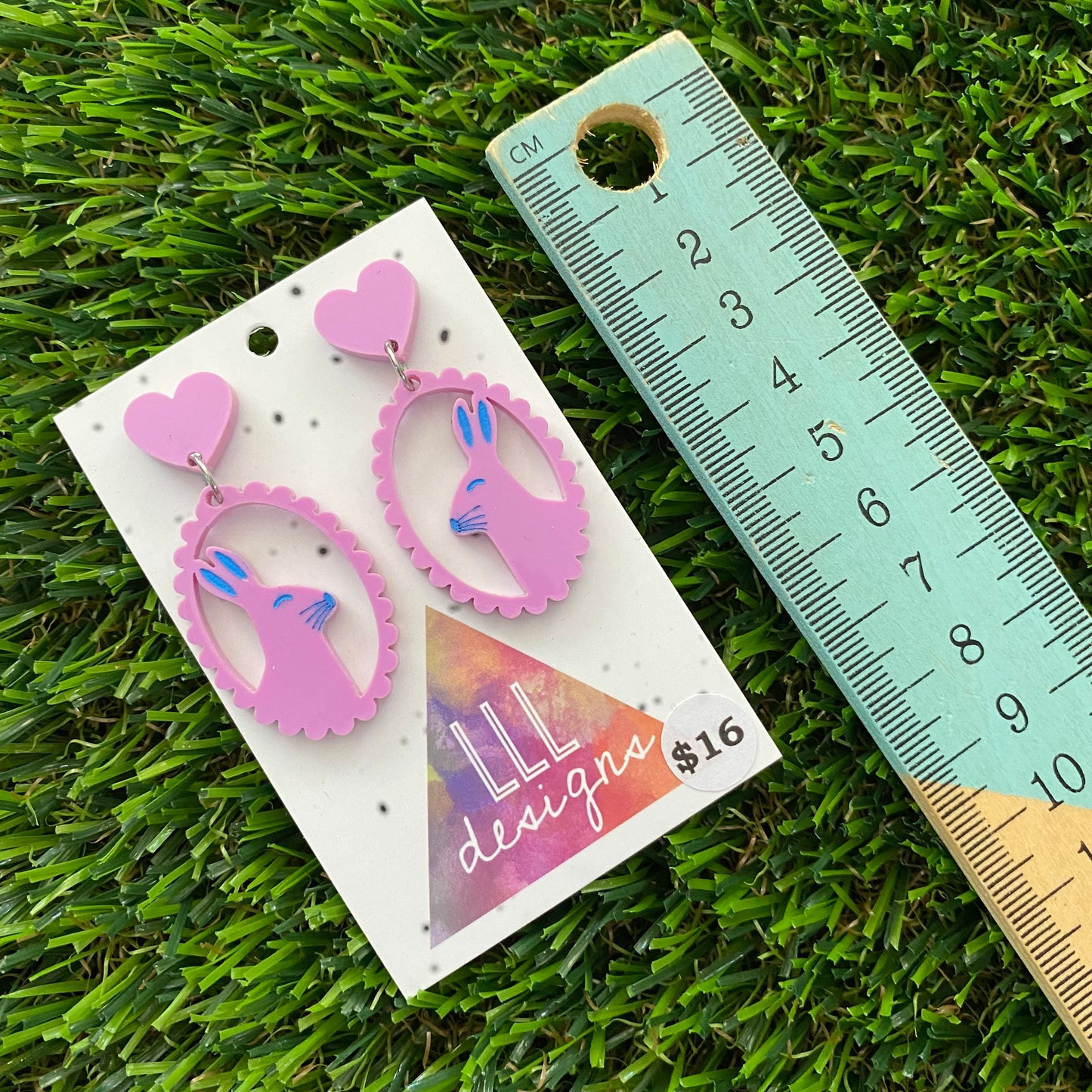 Easter Earrings - Pastel Pink Easter Bunny Cameo with Royal Blue Hand Painted Detailing and Pastel Pink Heart Tops!