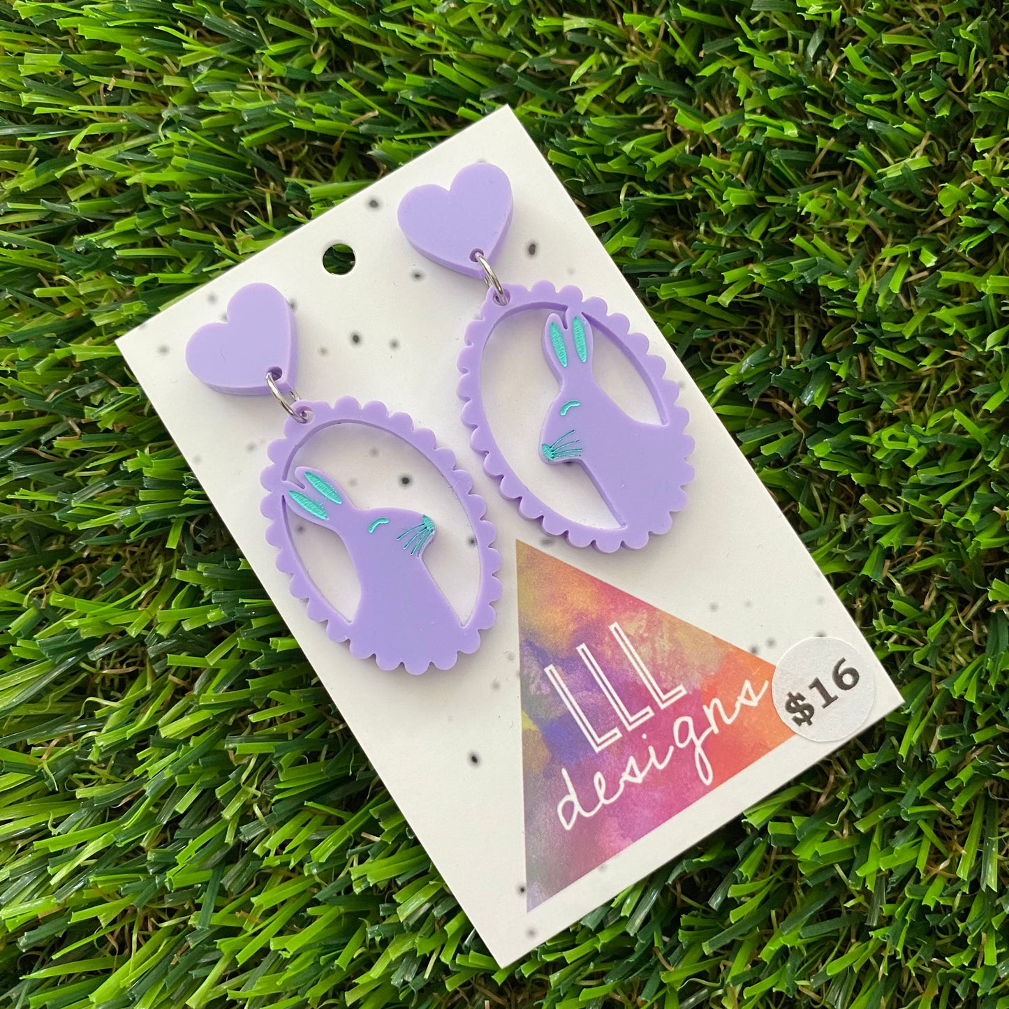 Easter Earrings - Pastel Purple Easter Bunny Cameo with Mint Hand Painted Detailing and Pastel Purple Heart Tops!