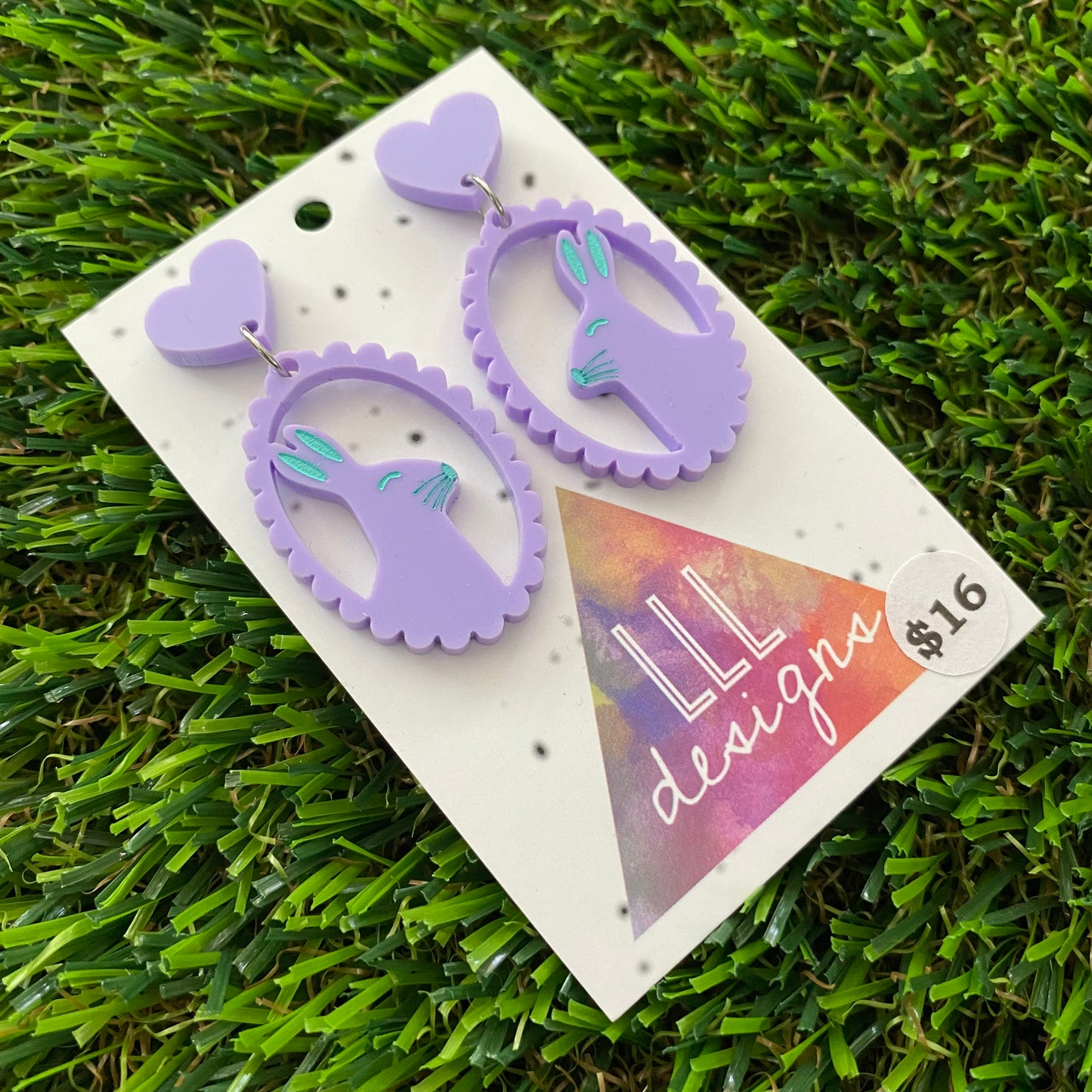 Easter Earrings - Pastel Purple Easter Bunny Cameo with Mint Hand Painted Detailing and Pastel Purple Heart Tops!