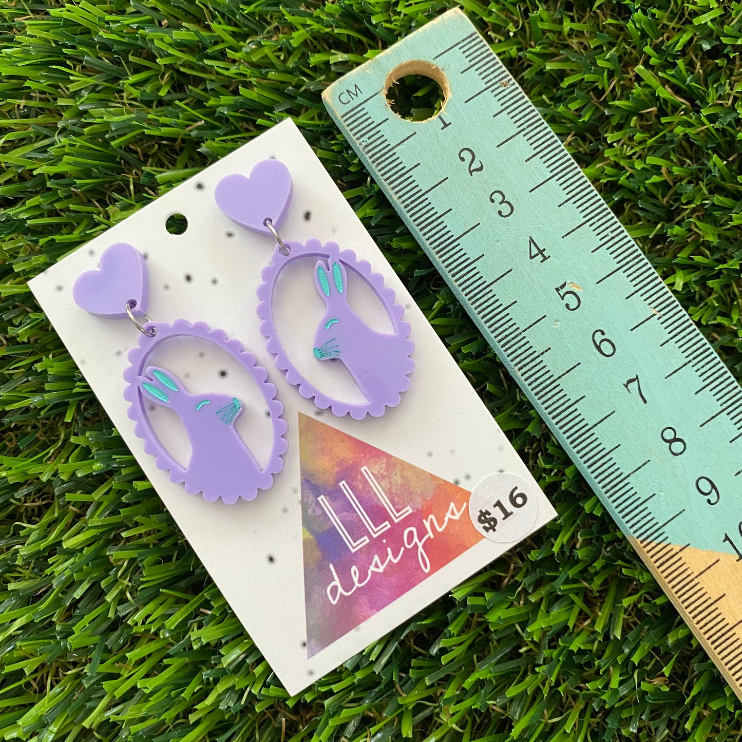 Easter Earrings - Pastel Purple Easter Bunny Cameo with Mint Hand Painted Detailing and Pastel Purple Heart Tops!