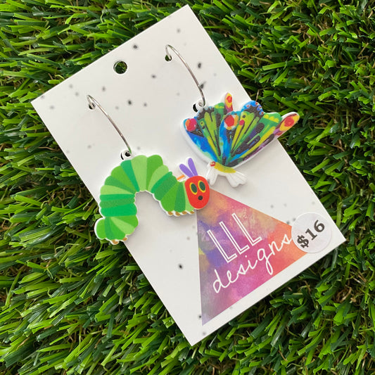 Easter Hoops - Caterpillar and Butterfly Duo with Silver Hoops!