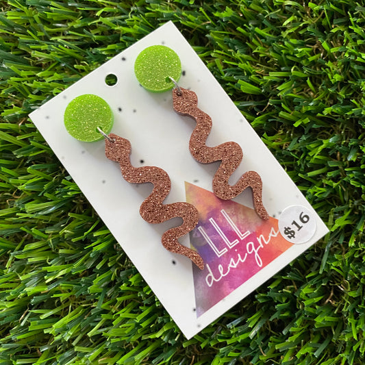 Snake Earrings - Small Glitter Brown Snake with Light Glitter Green Top!