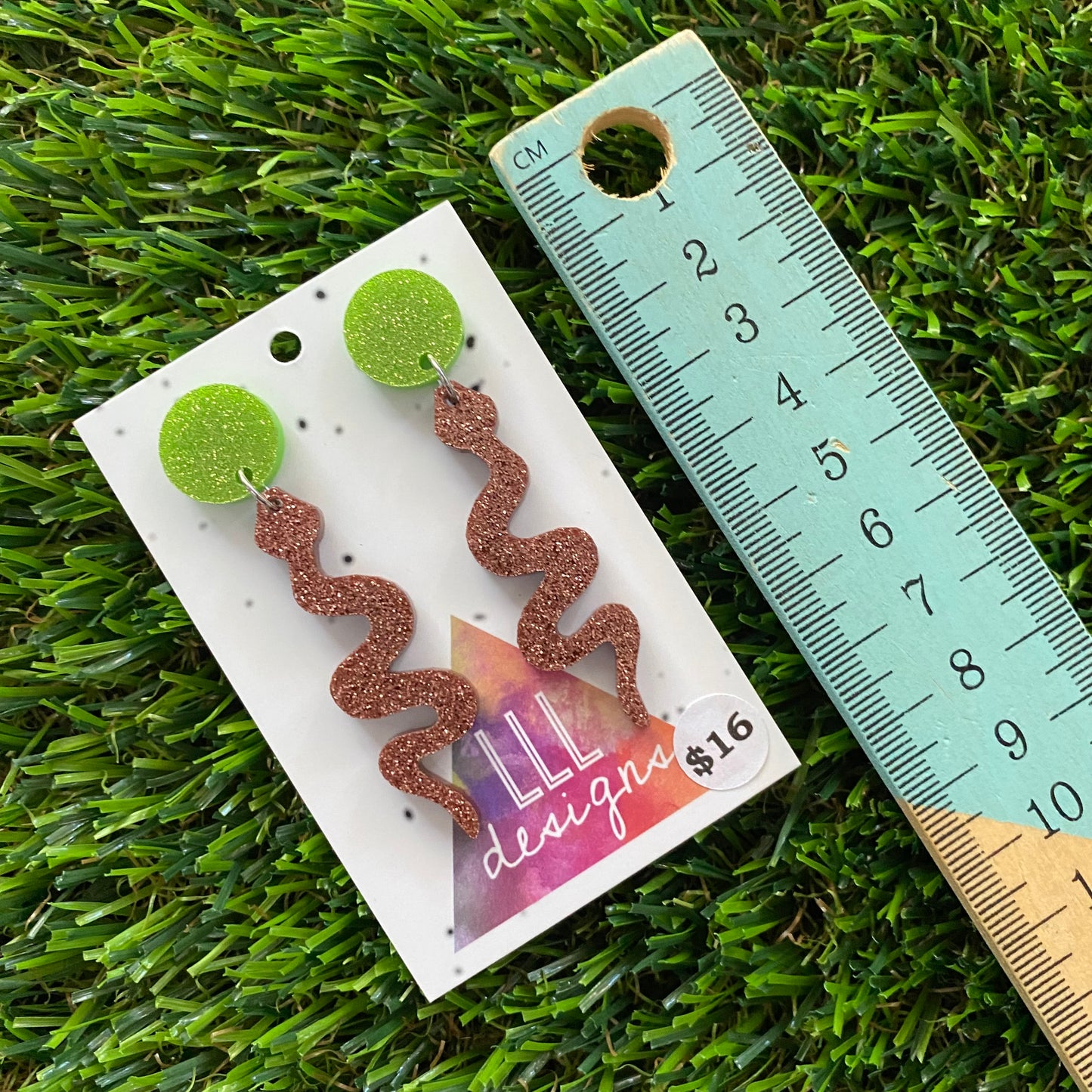 Snake Earrings - Small Glitter Brown Snake with Light Glitter Green Top!