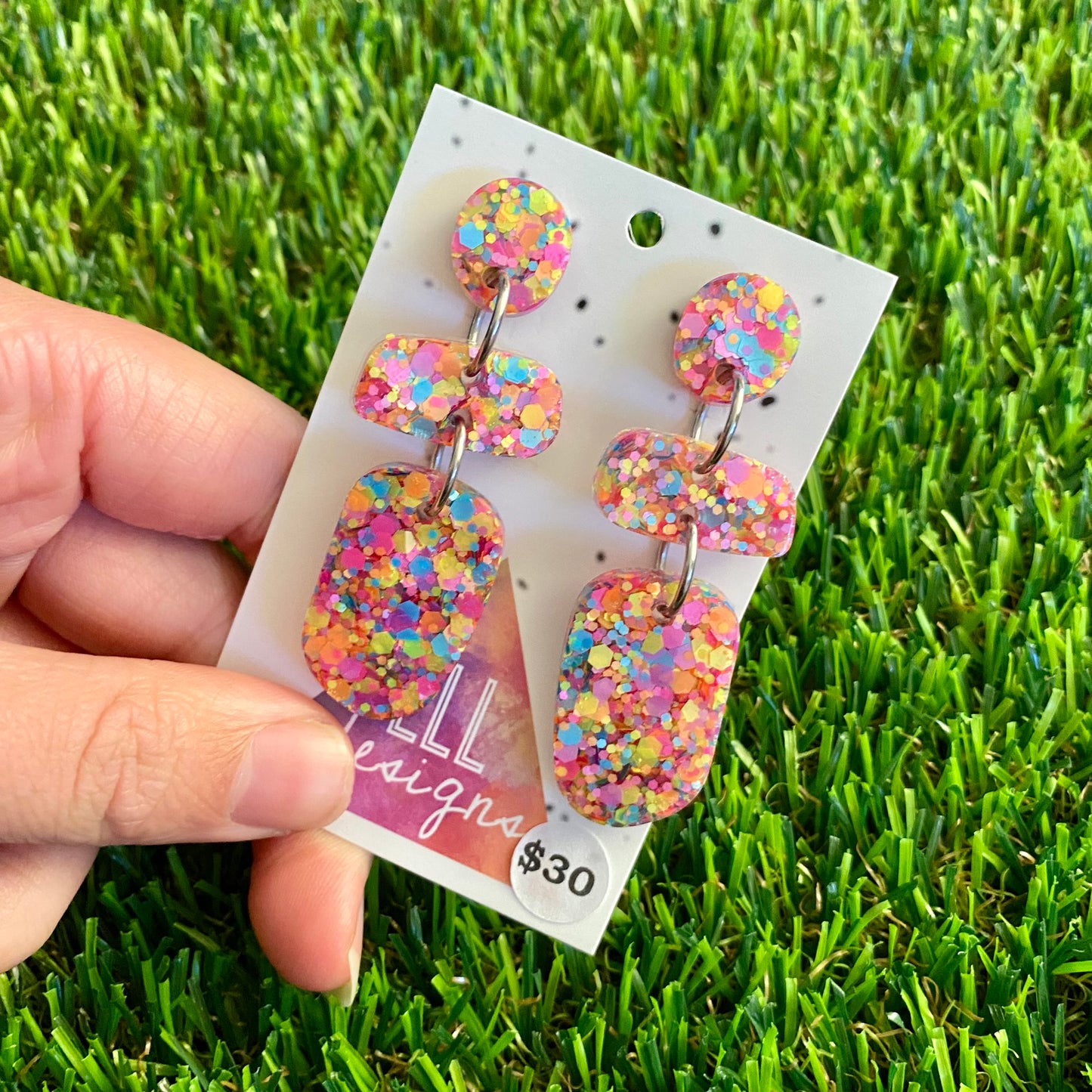 ON SALE!!!!!! Resin Earrings - Rainbow Confetti Pebble Dangles - Betty Design!