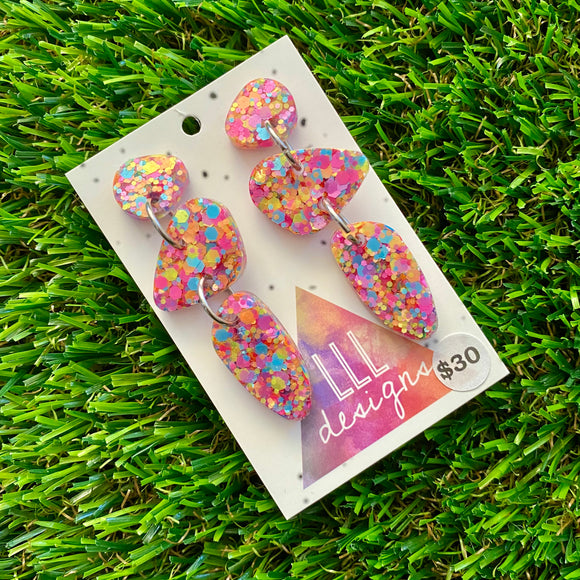 Resin Earrings - Rainbow Confetti Pebble Dangles - Dino Design!