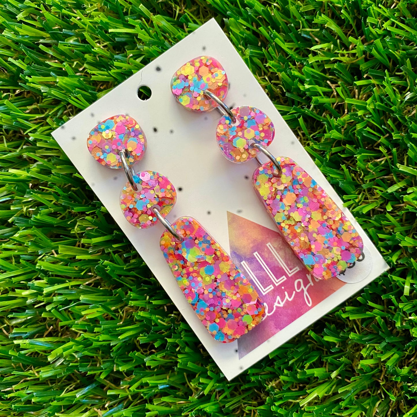 ON SALE!!!!!! Resin Earrings - Rainbow Confetti Pebble Dangles - Bamm-Bamm Design!