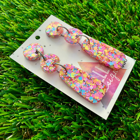 ON SALE!!!!!! Resin Earrings - Rainbow Confetti Pebble Dangles - Bamm-Bamm Design!