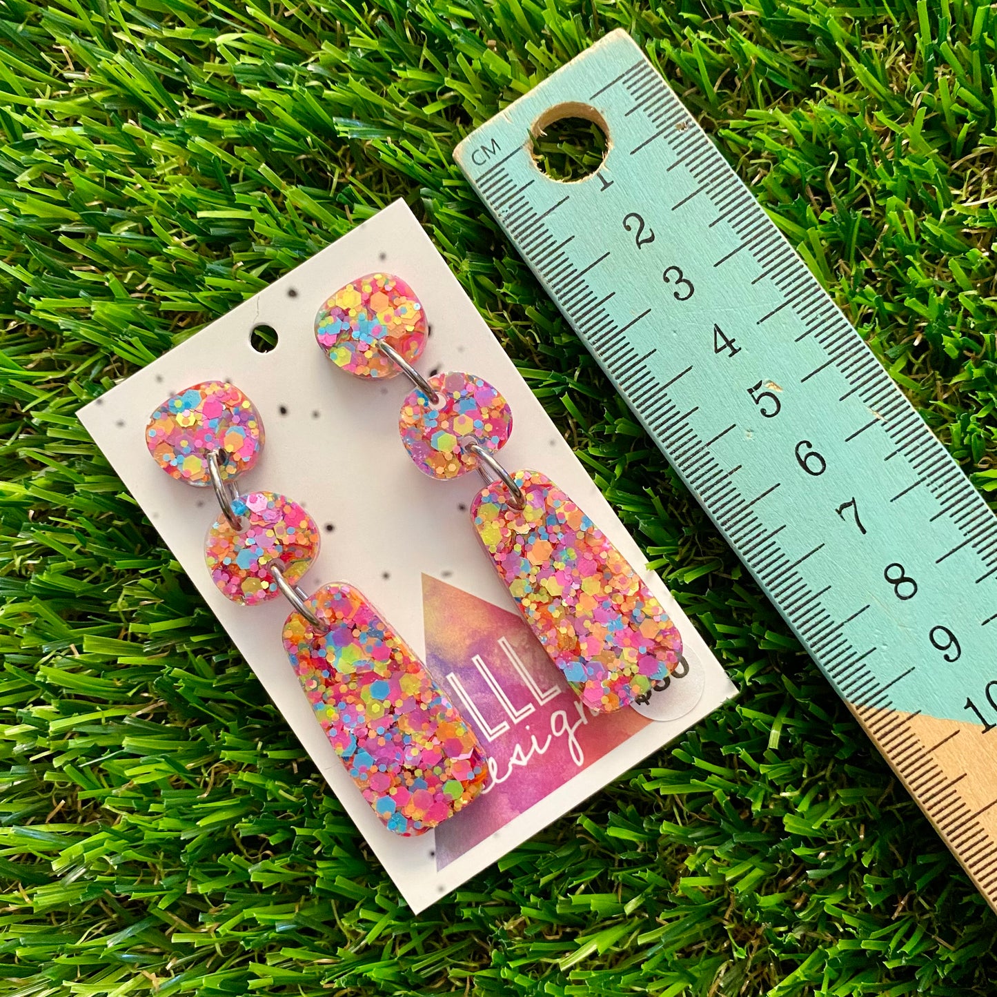 ON SALE!!!!!! Resin Earrings - Rainbow Confetti Pebble Dangles - Bamm-Bamm Design!