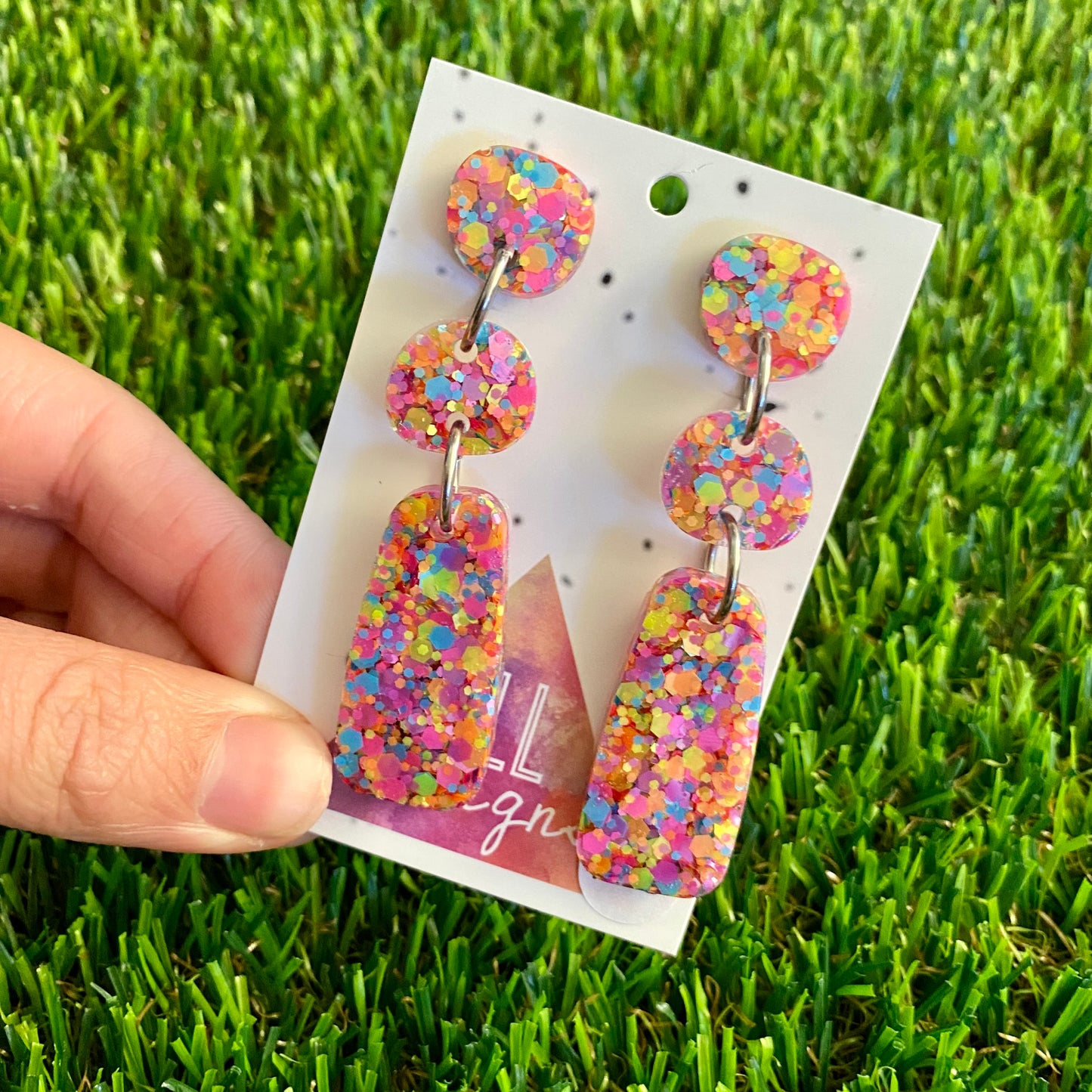 ON SALE!!!!!! Resin Earrings - Rainbow Confetti Pebble Dangles - Bamm-Bamm Design!