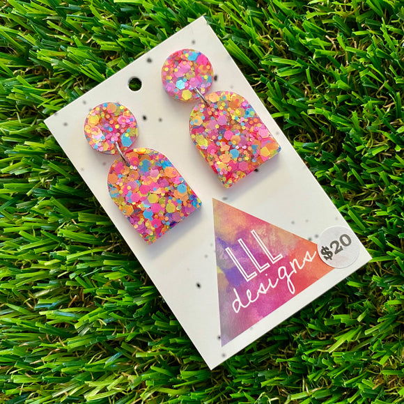 Resin Earrings - Rainbow Confetti Pebble Dangles - Pearl Design!