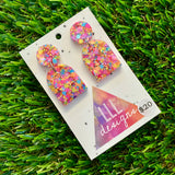 Resin Earrings - Rainbow Confetti Pebble Dangles - Pearl Design!