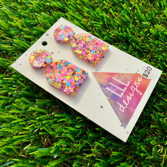 ON SALE!!!!!! Resin Earrings - Rainbow Confetti Pebble Dangles - Pearl Design!