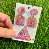 Resin Earrings - Rainbow Confetti Pebble Dangles - Pearl Design!
