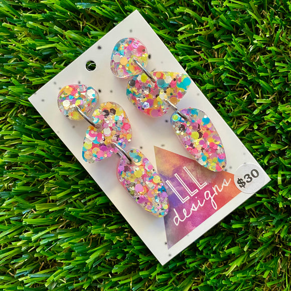 Resin Earrings - Silver Rainbow Confetti Pebble Dangles - Dino Design!