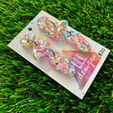 Resin Earrings - Silver Rainbow Confetti Pebble Dangles - Dino Design!