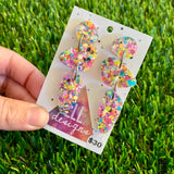 Resin Earrings - Silver Rainbow Confetti Pebble Dangles - Dino Design!