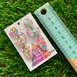 Resin Earrings - Silver Rainbow Confetti Pebble Dangles - Dino Design!