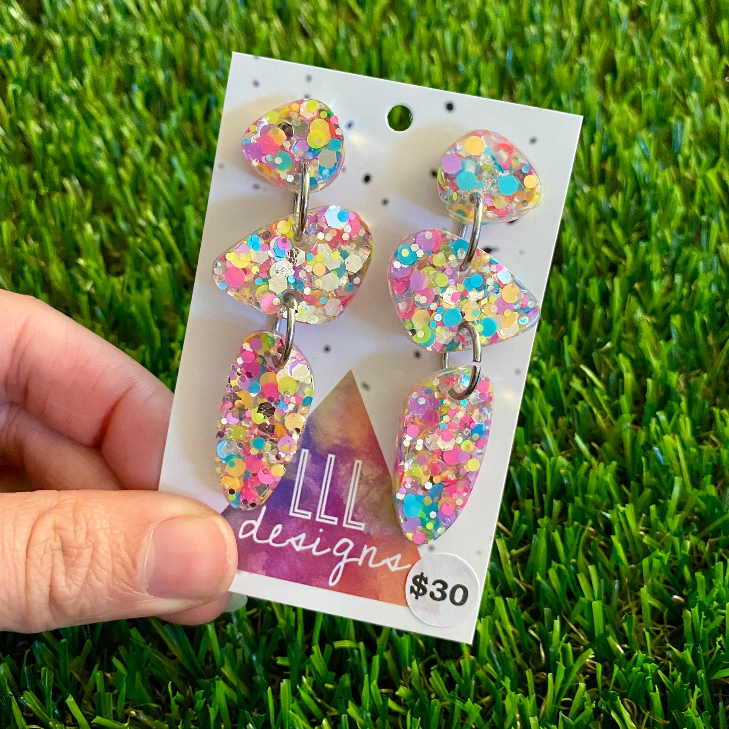ON SALE!!!!!! Resin Earrings - Silver Rainbow Confetti Pebble Dangles - Dino Design!