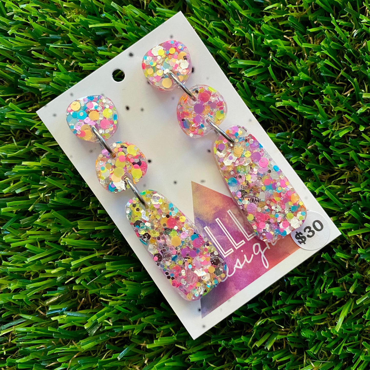 ON SALE!!!!!! Resin Earrings - Silver Rainbow Confetti Pebble Dangles - Bamm-Bamm Design!