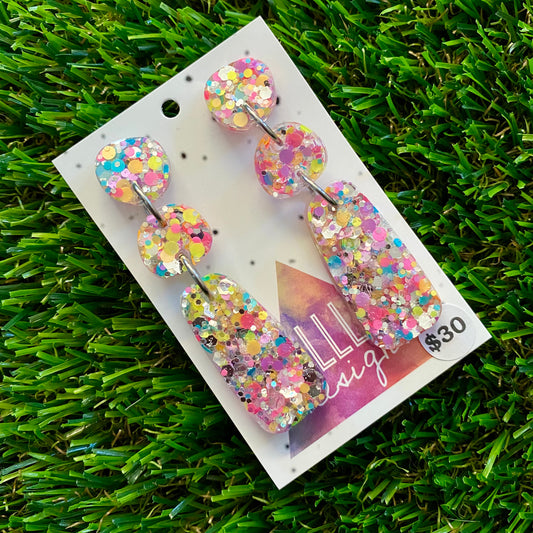 ON SALE!!!!!! Resin Earrings - Silver Rainbow Confetti Pebble Dangles - Bamm-Bamm Design!