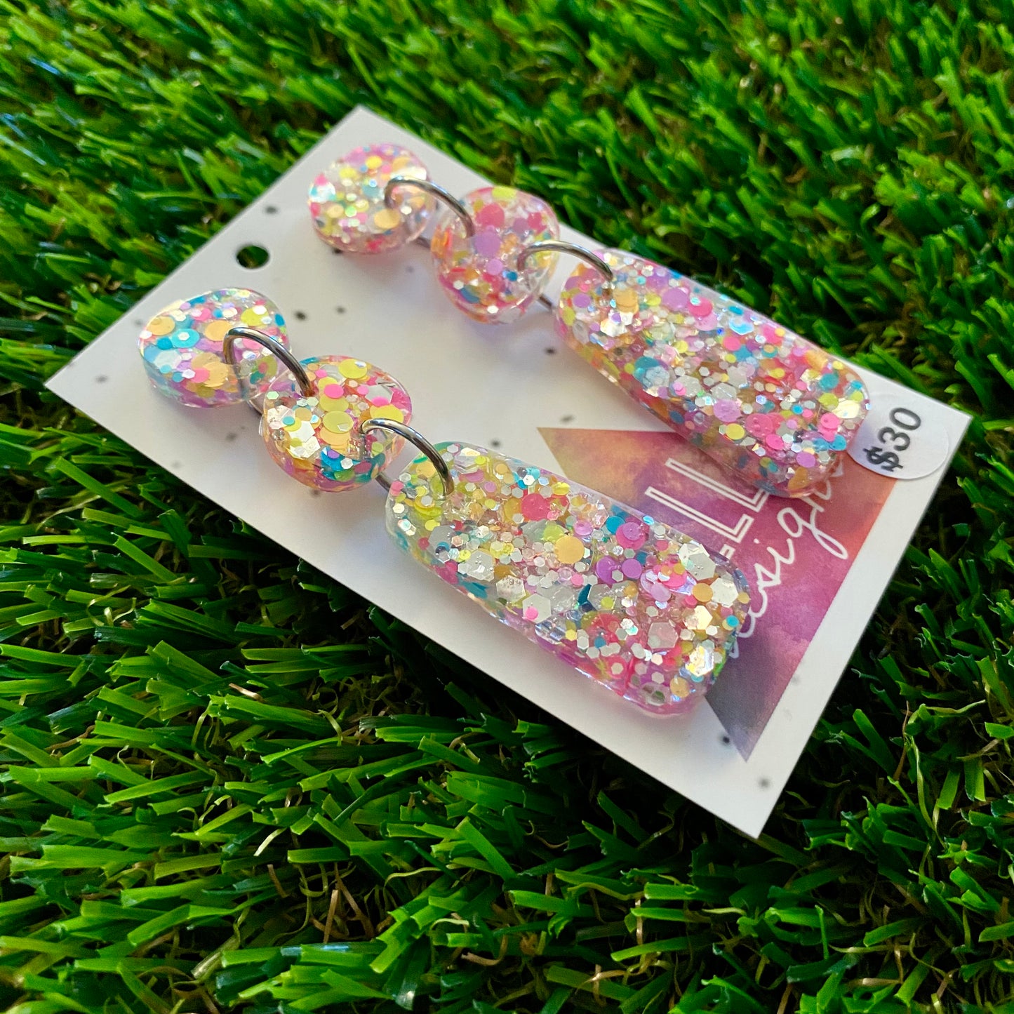 ON SALE!!!!!! Resin Earrings - Silver Rainbow Confetti Pebble Dangles - Bamm-Bamm Design!