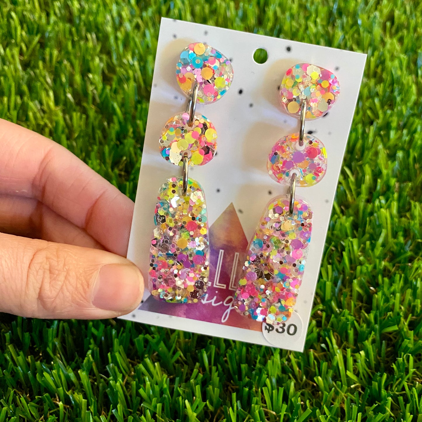 ON SALE!!!!!! Resin Earrings - Silver Rainbow Confetti Pebble Dangles - Bamm-Bamm Design!