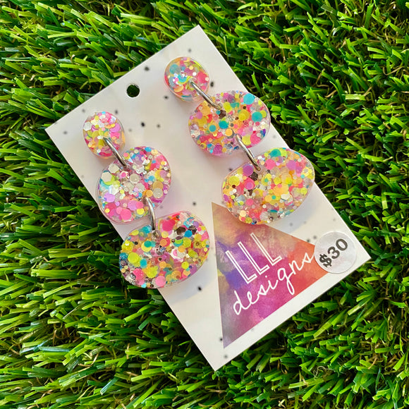 Resin Earrings - Silver Rainbow Confetti Pebble Dangles - Sabretooth Design!