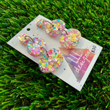 Resin Earrings - Silver Rainbow Confetti Pebble Dangles - Sabretooth Design!