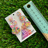 Resin Earrings - Silver Rainbow Confetti Pebble Dangles - Sabretooth Design!