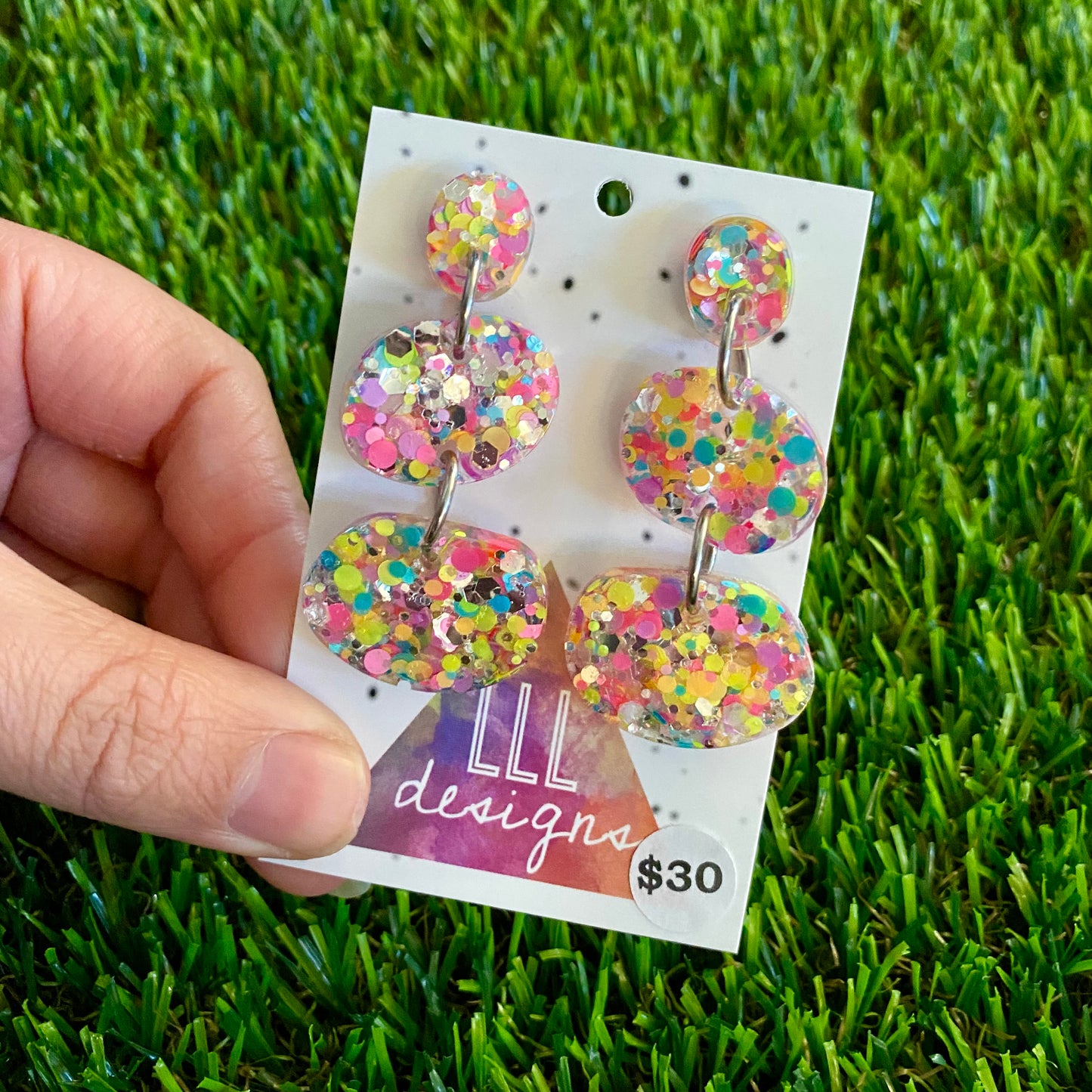 ON SALE!!!!!! Resin Earrings - Silver Rainbow Confetti Pebble Dangles - Sabretooth Design!